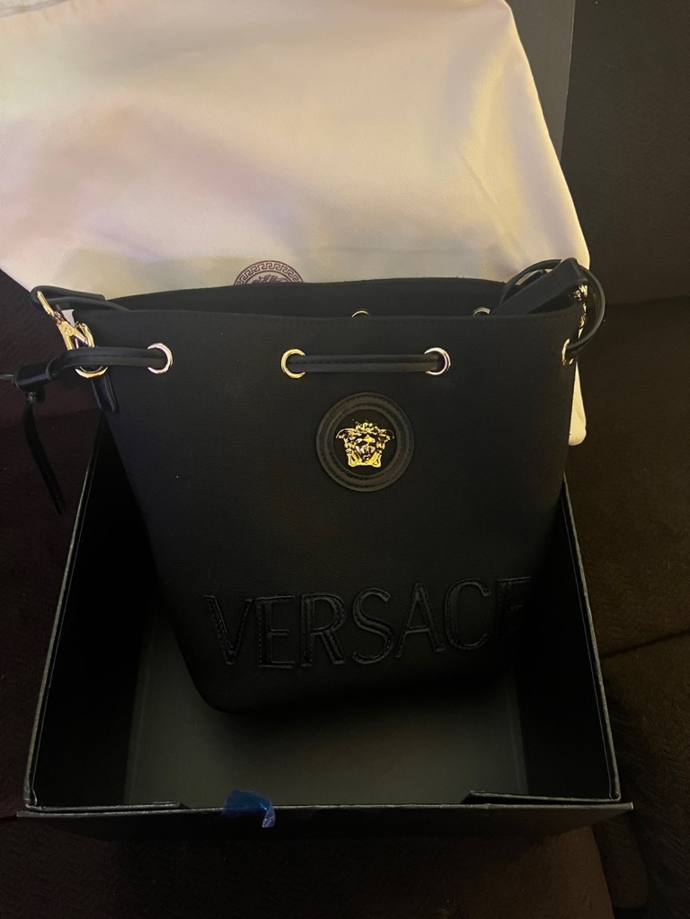 Versace Black Drawstring Bucket Shoulder Bag with Gold Medusa Accent